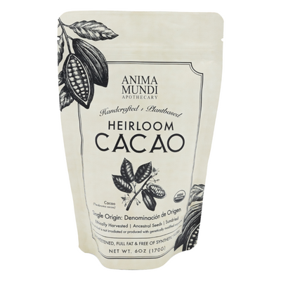 Heirloom cacao powder in resealable bag with botanical illustrations and organic label