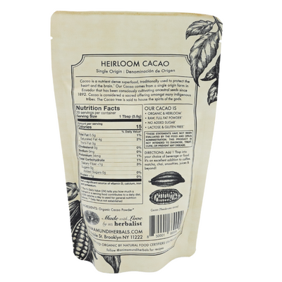 Back of Heirloom Cacao powder bag with nutrition facts, cacao illustrations, and ingredient details