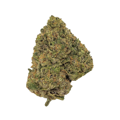 Close-up of Candy Gas THCa flower bud, green with orange hairs and frosty trichomes.