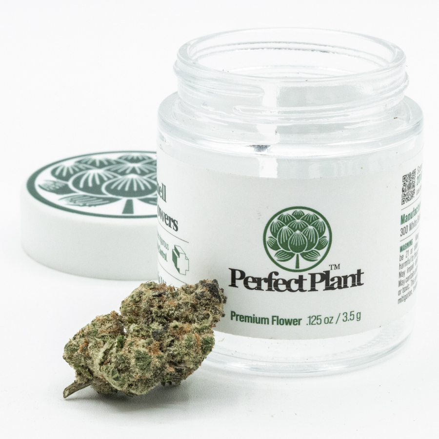THCa flower bud in front of open jar labeled Premium Flower, white background