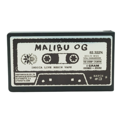 Malibu OG indica live resin vape box with cassette tape design, 1 gram, THCa hemp