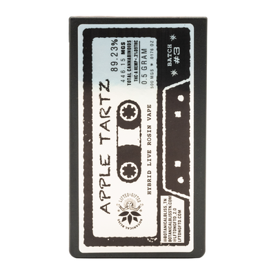 Apple Tartz hybrid live rosin vape cartridge box with cassette tape design and dosage info