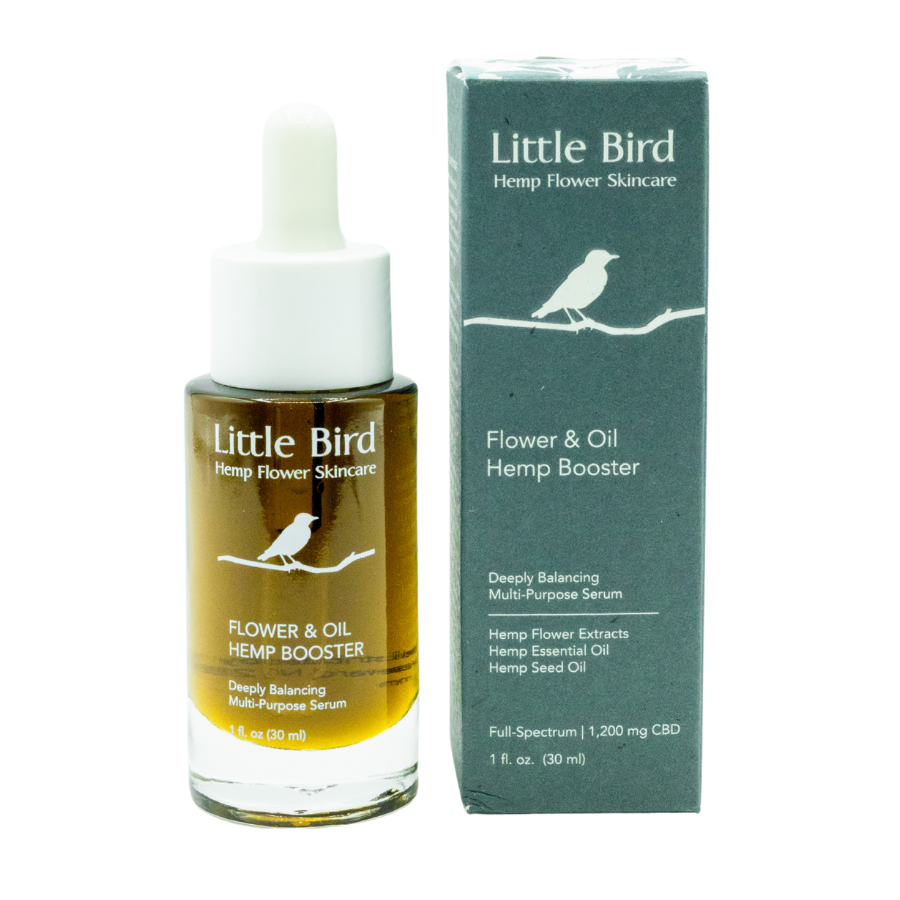 Little Bird Flower & Oil Hemp Booster serum with dropper bottle and product box, skincare CBD oil