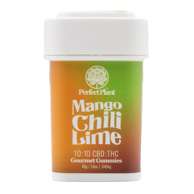 Mango Chili Lime 10:10 CBD THC gourmet gummies jar with orange and green label
