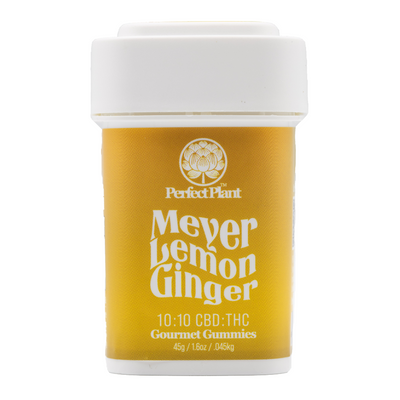 Meyer Lemon Ginger 10:10 CBD THC gourmet gummies yellow container front view