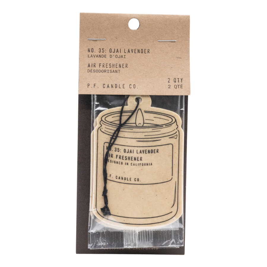 Ojai Lavender air freshener in candle jar design, packaged with two hanging fresheners.