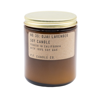 Ojai Lavender soy candle in amber glass jar with gold lid and kraft label