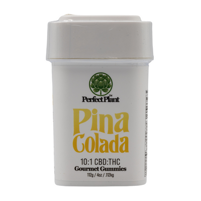 White container of Pina Colada 10:1 CBD to THC gourmet gummies, 112g size, with green logo.