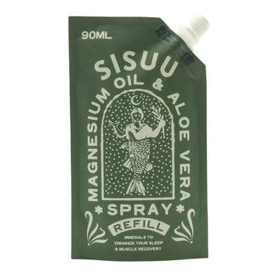 Green pouch of magnesium oil and aloe vera spray refill, 90ml, with mermaid graphic.