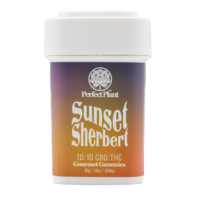 Sunset Sherbert 10:10 CBD THC gourmet gummies container with gradient label