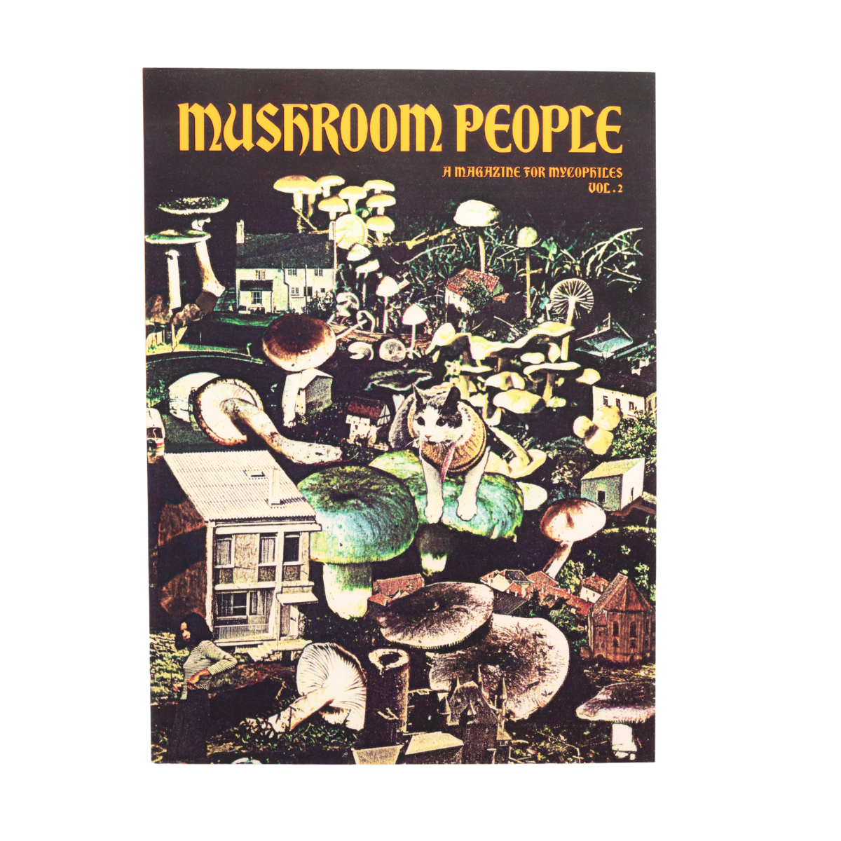 Mushroom People magazine cover showing a cat on mushrooms, surrounded by houses and mushrooms, Vol. 2